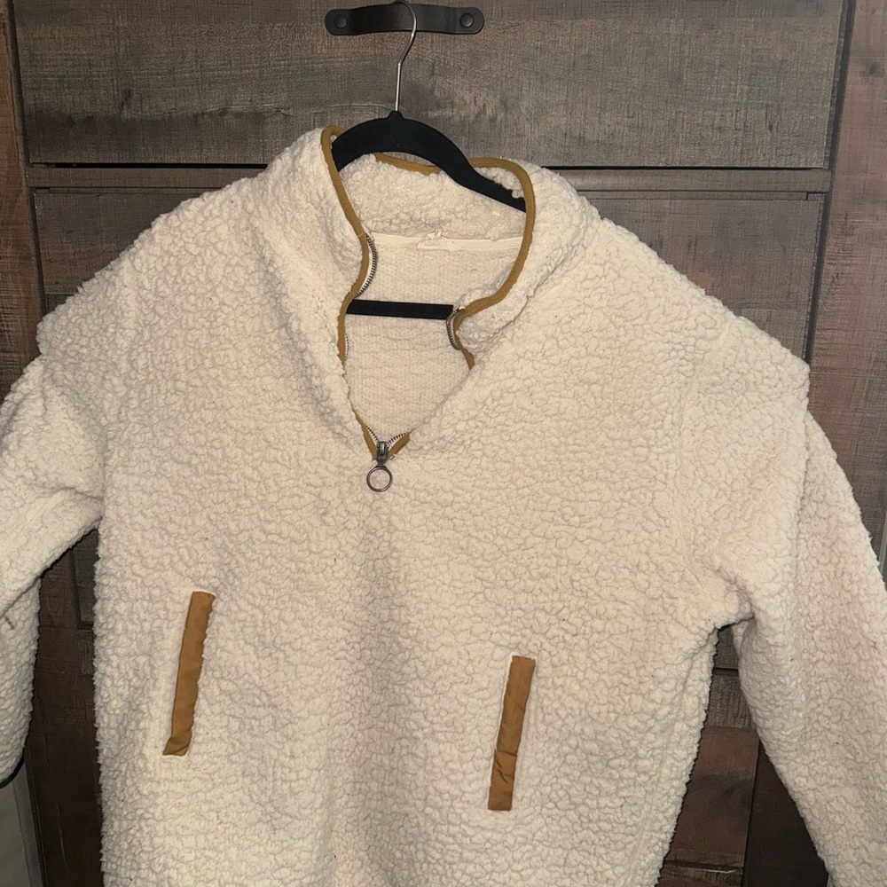 Cozy White Teddy Jacket with Tan Accents